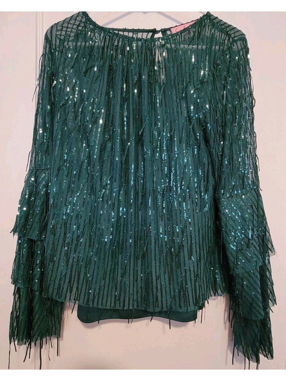 Eva Franco Green Sequin Fringe Top Bell Sleeve Lined Women’s S Glitter Party